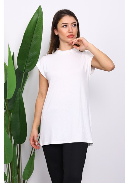 Ekru Dik Yaka Sıfır Kol İçlik