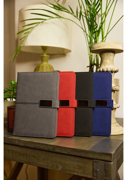 Kişiye Özel Kırmızı Dikişili Düz Vegan Deri Metal Mıknatıslı Kilitli 224 Sayfa Çizgili Not Defteri modelleri