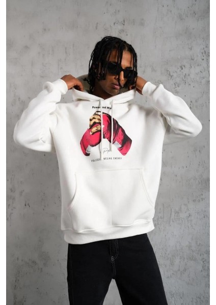 Erkek Eldiven Baskılı Kapüşonlu Sweat - Beyaz