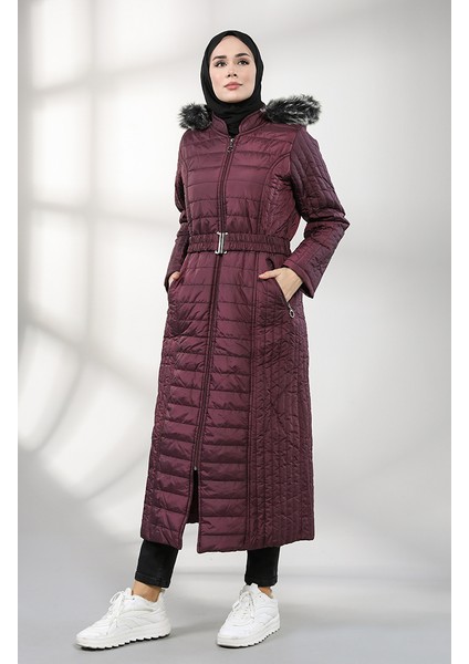 Kapüşonlu Kapitone Kaban 0813-04 Mürdüm