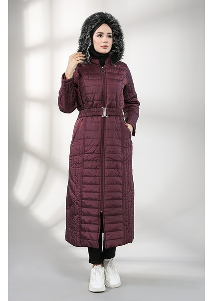 Kapüşonlu Kapitone Kaban 0813-04 Mürdüm fiyatları