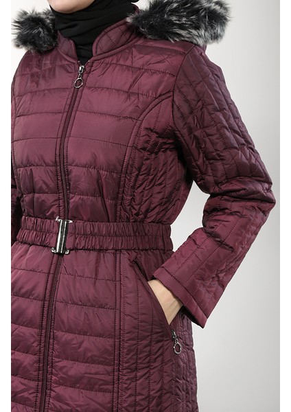 Kapüşonlu Kapitone Kaban 0813-04 Mürdüm fırsatları