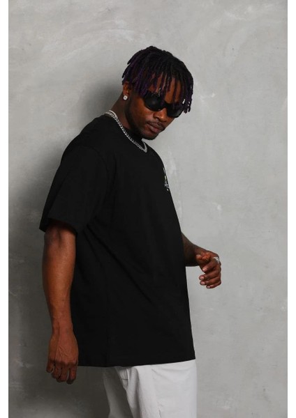Unisex Oversize Baskılı Bisiklet Yaka T-Shirt - Siyah modelleri