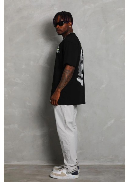 Unisex Oversize Baskılı Bisiklet Yaka T-Shirt - Siyah fırsatları