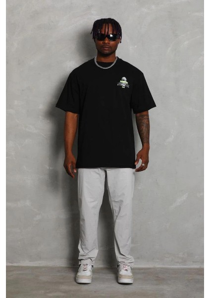 Unisex Oversize Baskılı Bisiklet Yaka T-Shirt - Siyah indirimleri