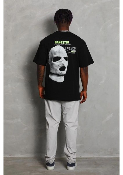 Unisex Oversize Baskılı Bisiklet Yaka T-Shirt - Siyah