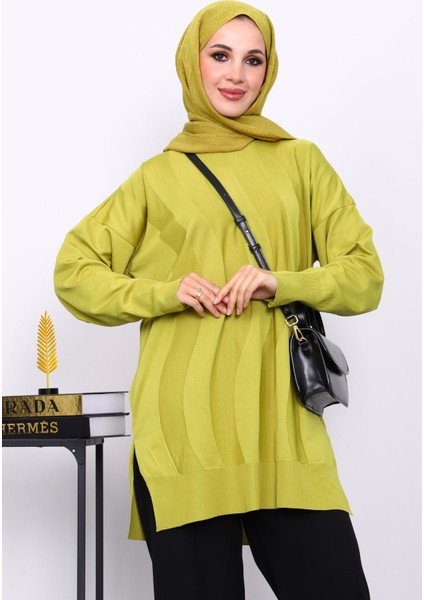 Yağ Yeşili Bisiklet Yaka Soğuk İplik Triko Tunik