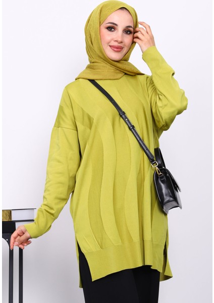 Yağ Yeşili Bisiklet Yaka Soğuk İplik Triko Tunik modelleri