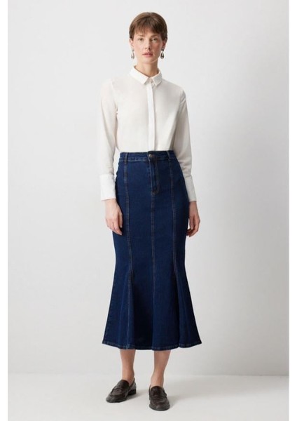 Denim Balık Etek Koyu Denim