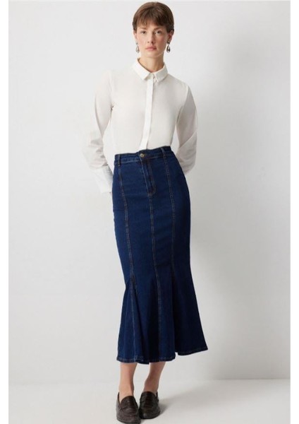 Denim Balık Etek Koyu Denim modelleri