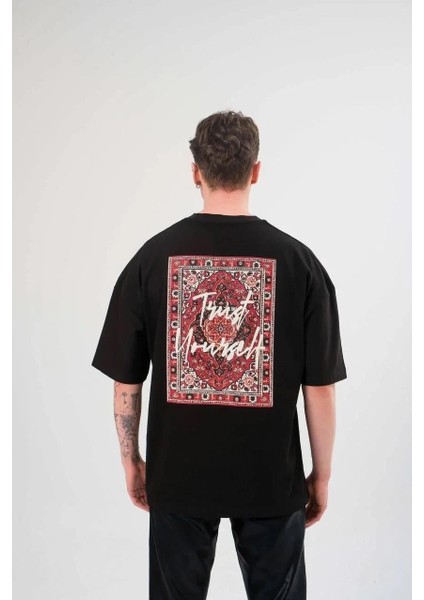 Unisex Bisiklet Yaka Baskılı Oversize T-Shirt - Siyah fiyatları