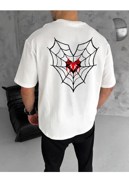 Unisex Bisiklet Yaka Baskılı Oversize T-Shirt - Beyaz fiyatları