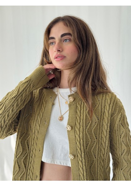 Gold Düğmeli Ajurlu Hırka Kadın Olive