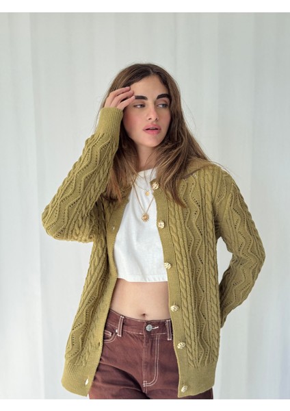 Gold Düğmeli Ajurlu Hırka Kadın Olive fiyatları