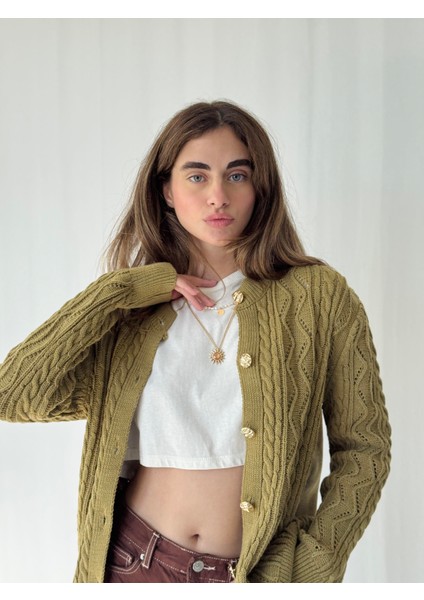 Gold Düğmeli Ajurlu Hırka Kadın Olive modelleri