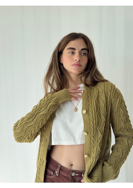 Gold Düğmeli Ajurlu Hırka Kadın Olive fırsatları