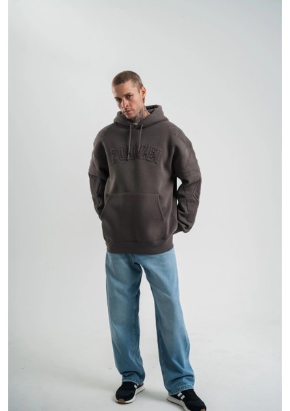Double Oversize Kapşonlu Nakışlı Sweatshirt - Füme