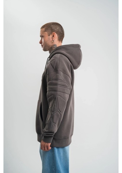 Double Oversize Kapşonlu Nakışlı Sweatshirt - Füme