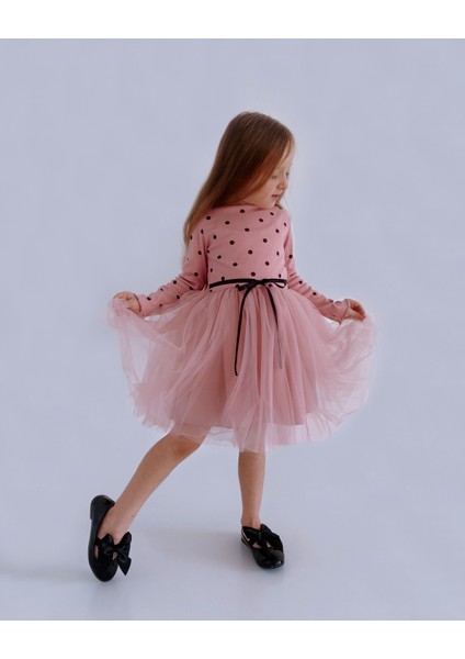 Linda Kız Çocuk Prenses Kabarık Tütü Elbise Uzun Kol Puantiyeli Esnek Likralı Tüllü
