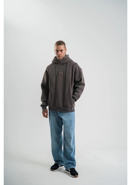 Unisex Uzun Kol Kapşonlu Yıkamalı Nakışlı Sweatshirt - Füme