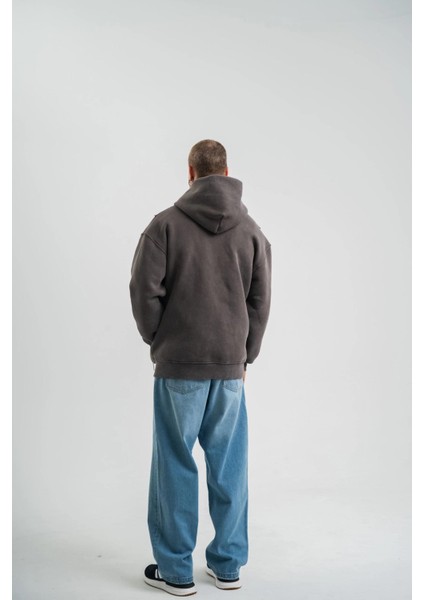 Unisex Uzun Kol Kapşonlu Yıkamalı Nakışlı Sweatshirt - Füme fiyatları