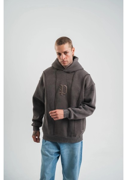 Unisex Uzun Kol Kapşonlu Yıkamalı Nakışlı Sweatshirt - Füme fırsatları