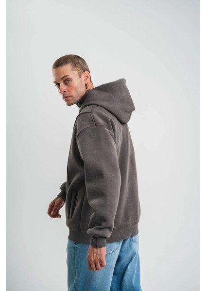 Unisex Uzun Kol Kapşonlu Yıkamalı Nakışlı Sweatshirt - Füme
