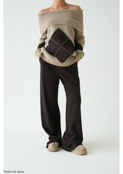 Vizon Baklava Desenli Omuz Açık Triko Kazak