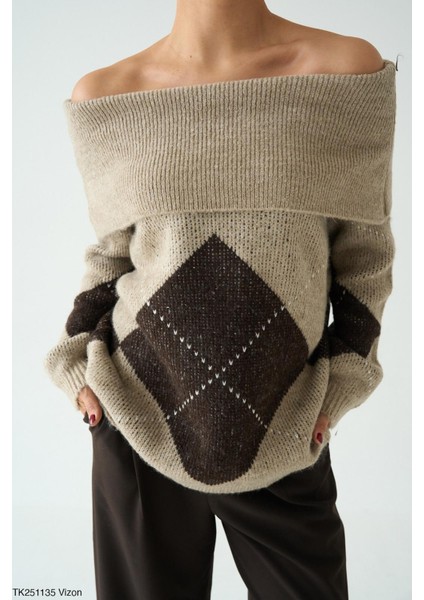 Vizon Baklava Desenli Omuz Açık Triko Kazak modelleri