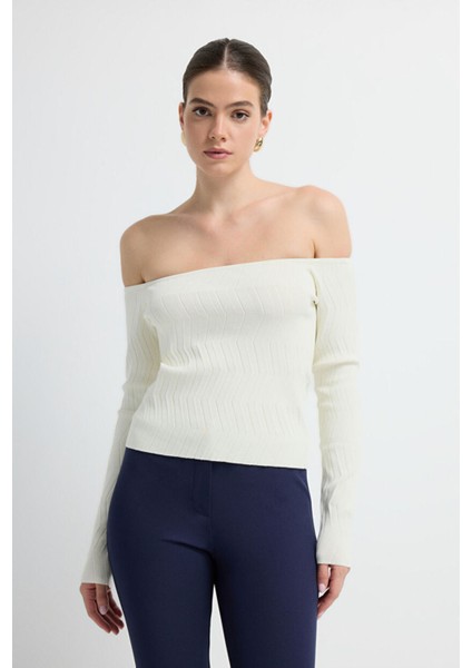 Zigzag Örgülü Triko Kazak Ekru 13945301000