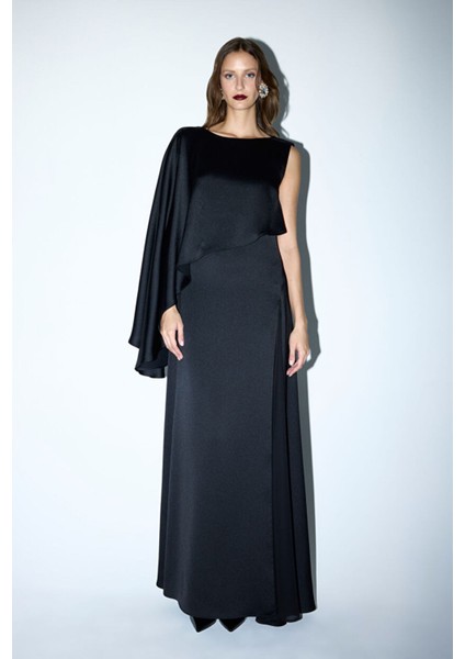 Asimetrik Saten Elbise Siyah 12445957000