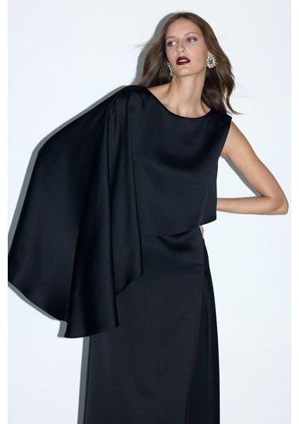Asimetrik Saten Elbise Siyah 12445957000 indirimleri