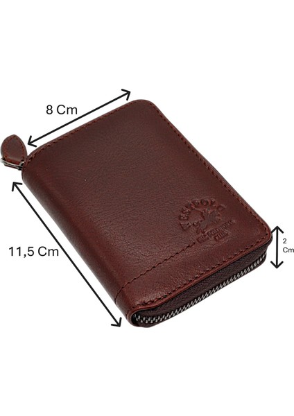 Hakiki Deri Kağıt Para ve Bol Kart Bölmeli Fermuarlı Unisex Cüzdan - Kahverengi