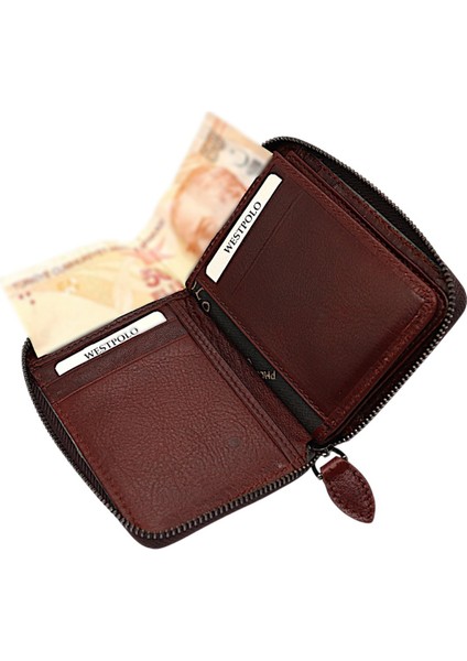 Hakiki Deri Kağıt Para ve Bol Kart Bölmeli Fermuarlı Unisex Cüzdan - Kahverengi modelleri