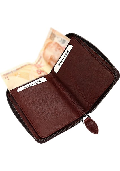 Hakiki Deri Kağıt Para ve Bol Kart Bölmeli Fermuarlı Unisex Cüzdan - Kahverengi fırsatları