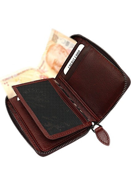 Hakiki Deri Kağıt Para ve Bol Kart Bölmeli Fermuarlı Unisex Cüzdan - Kahverengi indirimleri