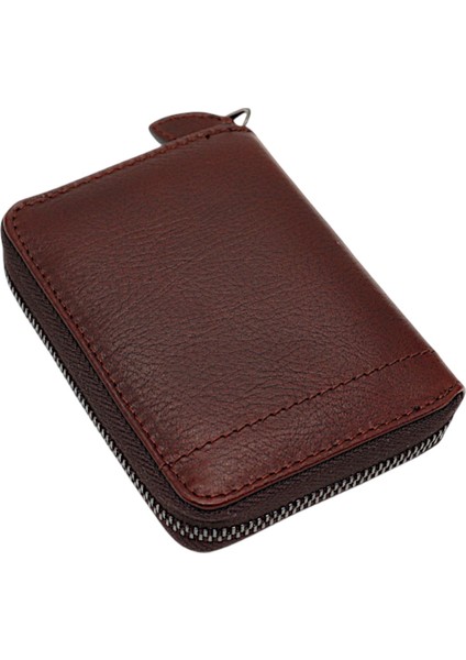 Hakiki Deri Kağıt Para ve Bol Kart Bölmeli Fermuarlı Unisex Cüzdan - Kahverengi