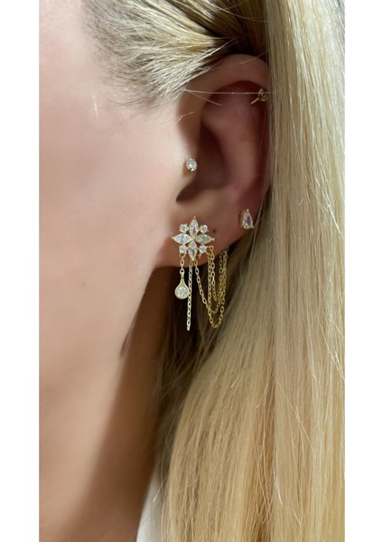 Çiçek ve Damla Model Zincirli 2'li Küpe