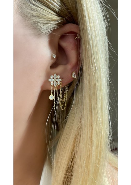 Çiçek ve Damla Model Zincirli 2'li Küpe fiyatları