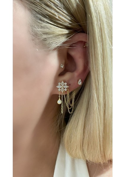 Çiçek ve Damla Model Zincirli 2'li Küpe modelleri