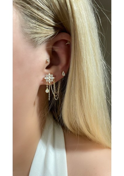 Çiçek ve Damla Model Zincirli 2'li Küpe indirimleri