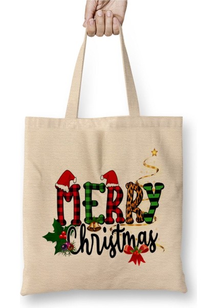 Yılbaşı Yeni Yıl Merry Christmas Beyaz Bez Çanta Uzun Saplı Alışveriş Çantası Plaj Çantası