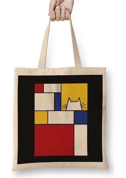 Piet Mondrian Inspired Cat Kedi Beyaz Bez Çanta Uzun Saplı Alışveriş Çantası Plaj Çantası