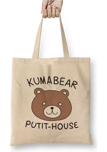 Kuma Kuma Kuma Bear Beyaz Bez Çanta Uzun Saplı Alışveriş Çantası Plaj Çantası