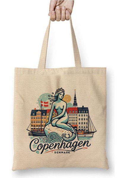 Danimarka Kopenhag Copenhagen Beyaz Bez Çanta Uzun Saplı Alışveriş Çantası Plaj Çantası