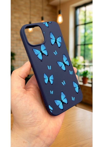 iPhone 12 ve 12 Pro Uyumlu Mavi Kelebek Desenli Silikon Darbe Emici Klasik Korumalı Rubber KILIF277 modelleri
