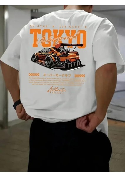 Erkek Turuncu Spor Araba Grafik Tişört - "tokyo" Baskılı Günlük Oversize Kısa Kollu Tişört, Yetişkinler Için Yazlık Giyim, Turuncu Araba Tasarımı - Beyaz
