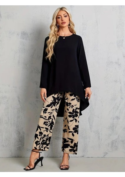 Kadın Uzun Kollu Bisiklet Yaka Asimetrik Kesim Detaylı Viskon Bluz ve Çiçek Desenli Iki Iplik Pantolon modelleri