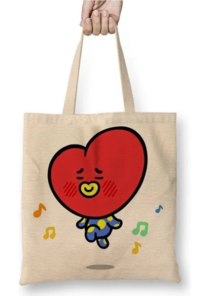 BT21 Tata Bts Beyaz Bez Çanta Uzun Saplı Alışveriş Çantası Plaj Çantası