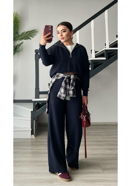 Lacivert Modal Kumaş Yarım Fermuarlı Takım